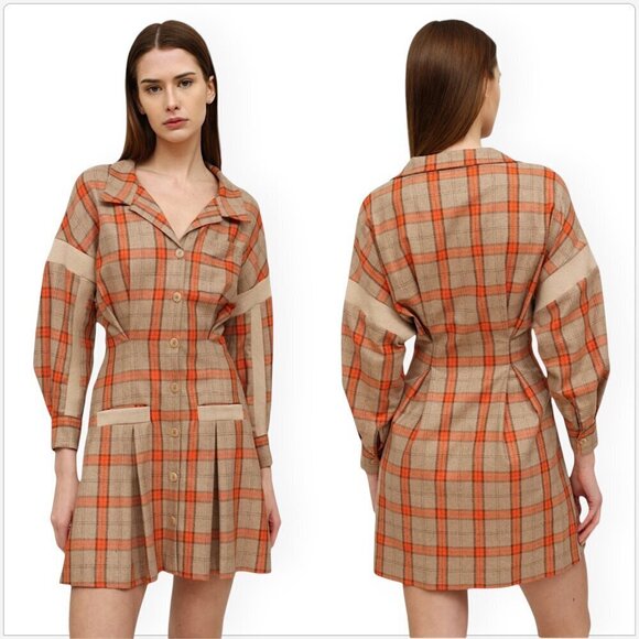 Maje Ravellino Camel Orange Check Plaid Woven Shirt Mini Dress NWT New 38 6 - Picture 2 of 7